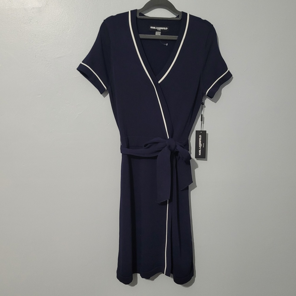 Karl Lagerfeld Paris Faux Wrap Dress Size Small Navy Blue White NWT Stretch